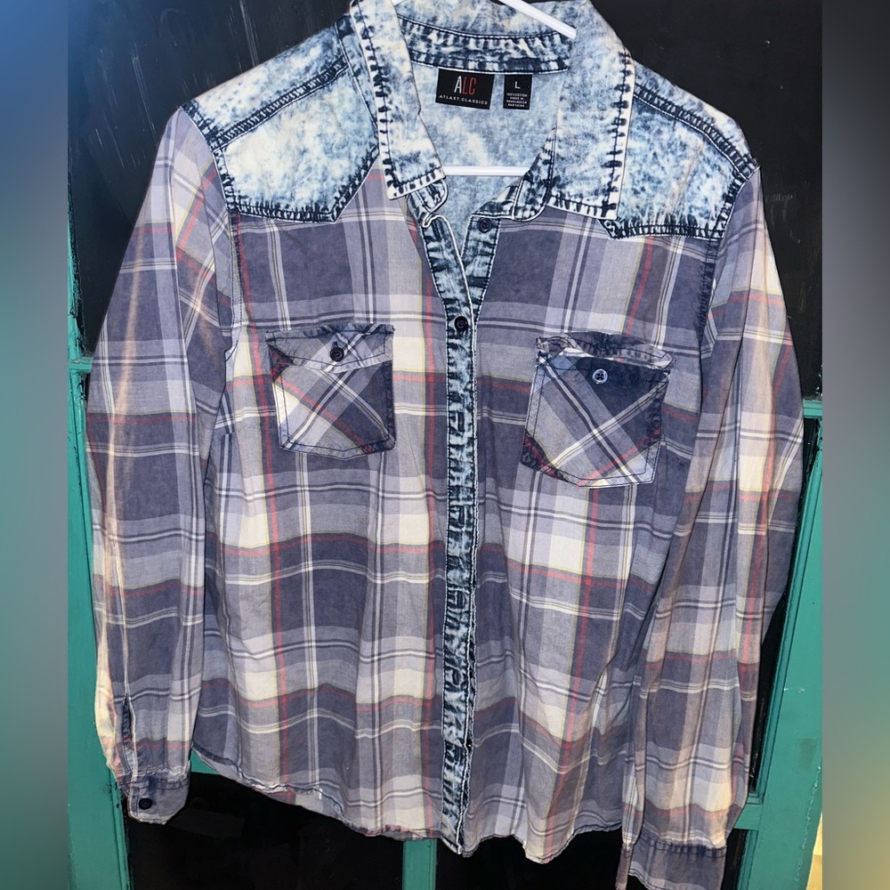 Distressed w denim button up
